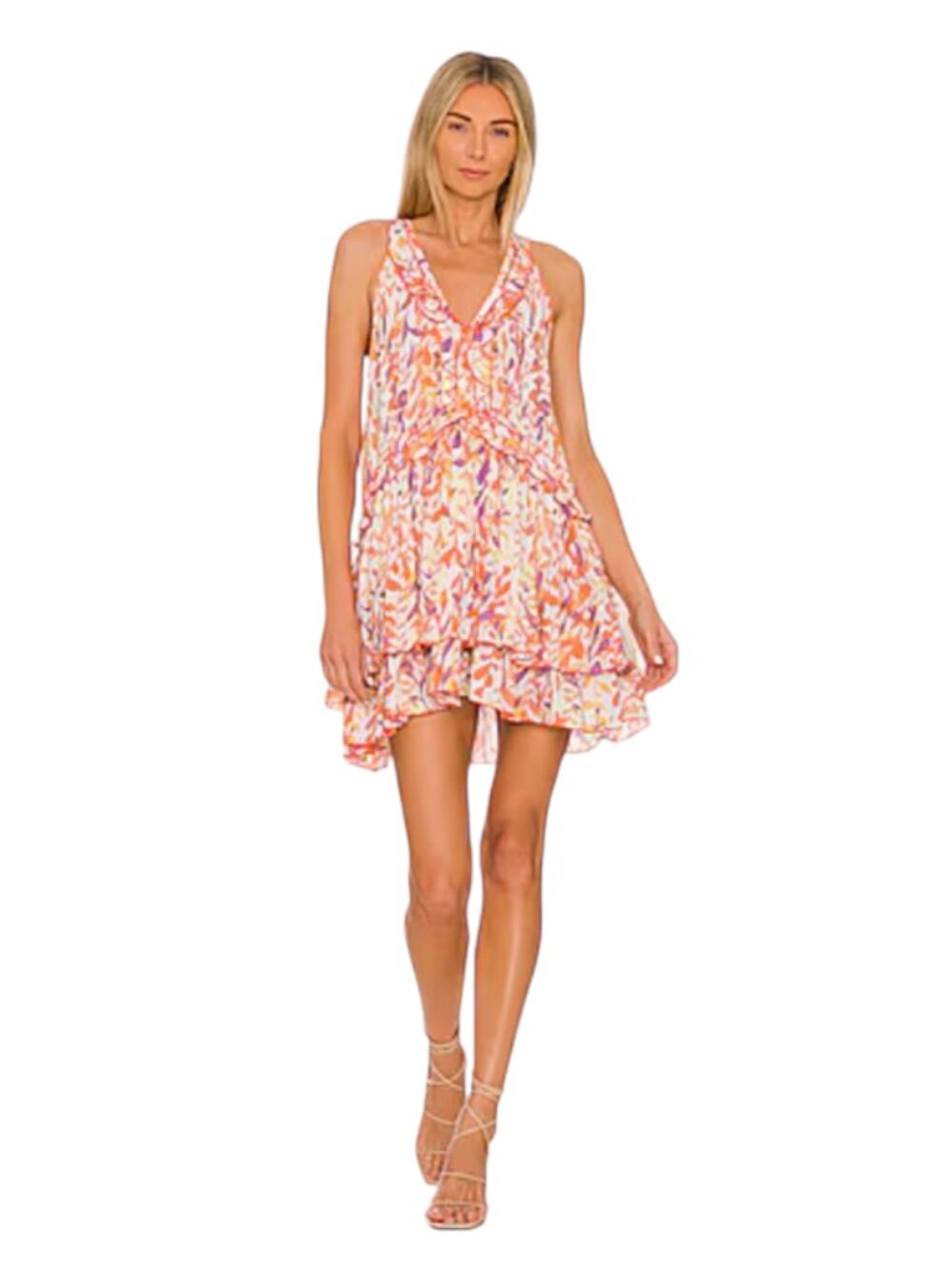 Poupette St Barth Fae Mini Dress Womens Small Orange White V-Neck Ruffle Floral - Picture 10 of 10